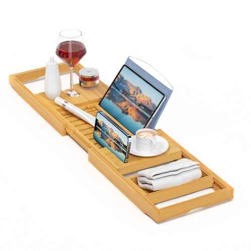 Luxury Bamboo Bathtub Tray - Wooden Expandable Caddy with Book, Tablet, Wine Holder - Gift Idea