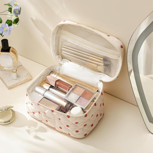 HBselect Quilted Makeup Bag, Portable Cotton Large Travel Makeup Bag, Cute Coquette Strawberries Floral Cosmetic Bags Toiletry Bags for Women Teen Girls Mom