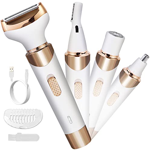 Electric Razor for Women Bikini Trimmer, MKIOVH Women's Cordless Portable 4 in 1 Painless Shaver, ?for face Legs Brows Nose Detachable Head USB Rechargeable Hair Trimmer