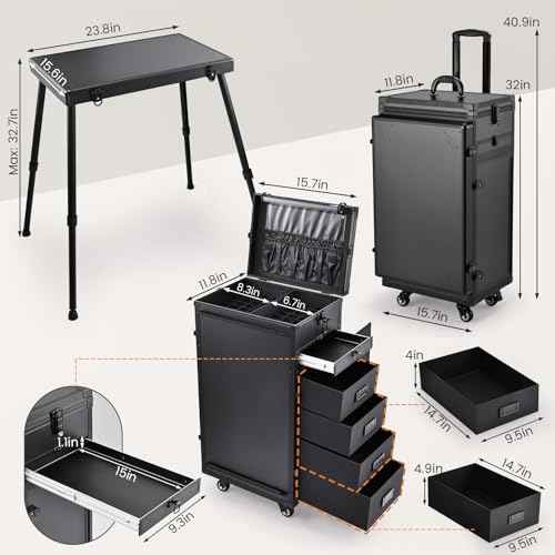 Joligrace Rolling Manicure Table 5 Drawers Makeup Case Foldable Nail Desk Cosmetology Case on Wheels Nail Tech Table with Brush Pouch for Technician Workstation Mobile Makeup Artist Trolley Black