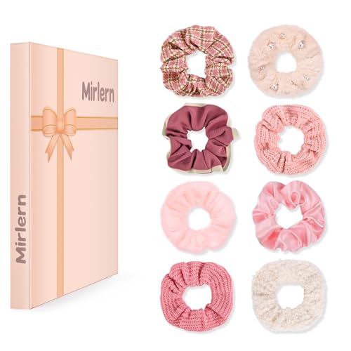 8-Piece Velvet Satin Scrunchies for Women Girls, Cute Hair Ties for Women's Long Thick Thin Hair No Damage, Pink Theme