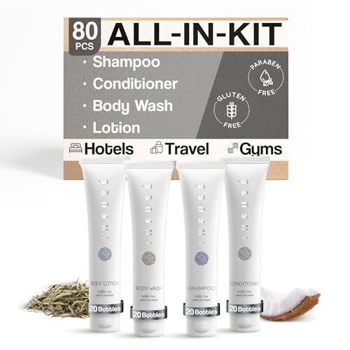 Infuse White Tea & Coconut Hotel Toiletries Bulk Set | 1-Shoppe Amenities Kit | 1oz Shampoo & Conditioner, Body Wash, Lotion | Travel Size | 80 Pieces
