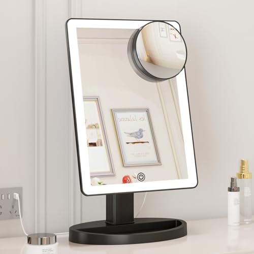 FUNTOUCH Large Lighted Makeup Mirror with Lights, 3 Color Lighting Modes Light Up Mirror with 88 LED, 10X Magnification and 360¡Æ Rotation Touch Screen Tabletop Cosmetic Vanity Make Up Mirror (Black)