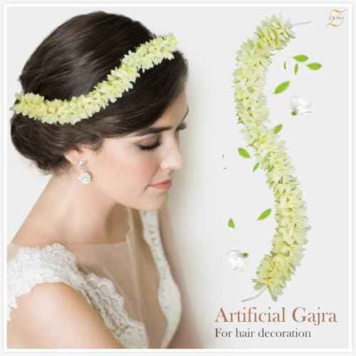 ZAINY 6 Pack White Mogra Artificial Gajra for Hair Indian Bun Braid, Non Scented Fabric Jasmine Flowers, Veni, Bridal Hair Accessories for Women, Wedding, Reusable Cloth Floral Girl Accessory, 13 inch
