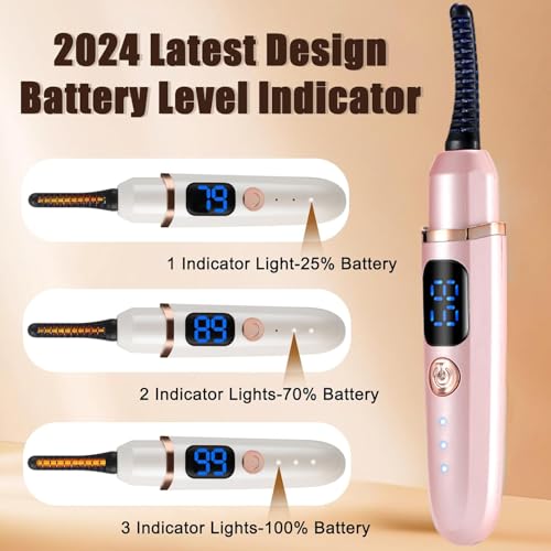 Heated Eyelash Curlers with Battery Indicator, Electric Eyelash Curler 3 Temperature Modes LED Display USB Rechargeable Makeup Tools, Heated Lash Curler Ideal Christmas Gift for Women (Pink)