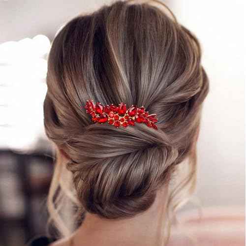 BETITETO Bridal Crystal Hair Accessories Small Wedding Gold Hair Piece with Comb for Women Girls (Red)