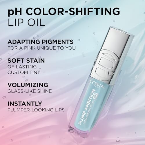 L'Oreal Paris Plump Ambition pH Hyaluron Lip Oil, Color Shifting Lip Tint with 24HR Hydration, Volumizing Shine and Lasting Color, 010 pH Cristal Ice