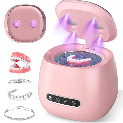 Rechargeable Ultrasonic Retainer Cleaner Machine, 45kHz Portable Dental Cleaning Pod for Dentures, Night Guards, Braces, Aligner, Toothbrush, Jewelry, 3 Cleaning Modes, 200ML Capacity, Pink