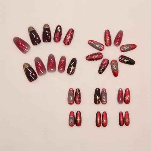Short Almond Press on Nails Dark Red Fake Nails 3D Gold Designs Nails Press Ons Red Gradient Stick on Nails Full Cover Artificial Nails Gift for Women 24pcs