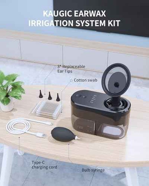 KAUGIC Water Powered Ear Cleaner, Electric Ear Wax Removal Kit, Ear Irrigation Kit with Sewage System and 4 Clean Mode, Safe and Effective Ear Flushing Kit for Adults with 3 Ear Tips - Black