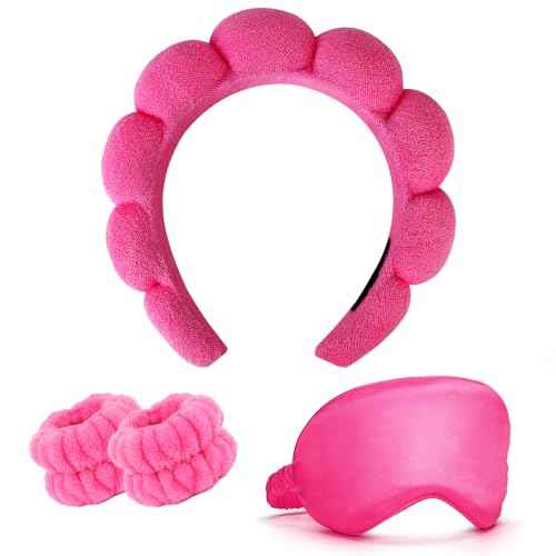 CAVETEE Spa Headband Set with Sleep Eye Mask, Thick Sponge Headband for Makeup Removal, Skincare, Shower (Hot Pink)