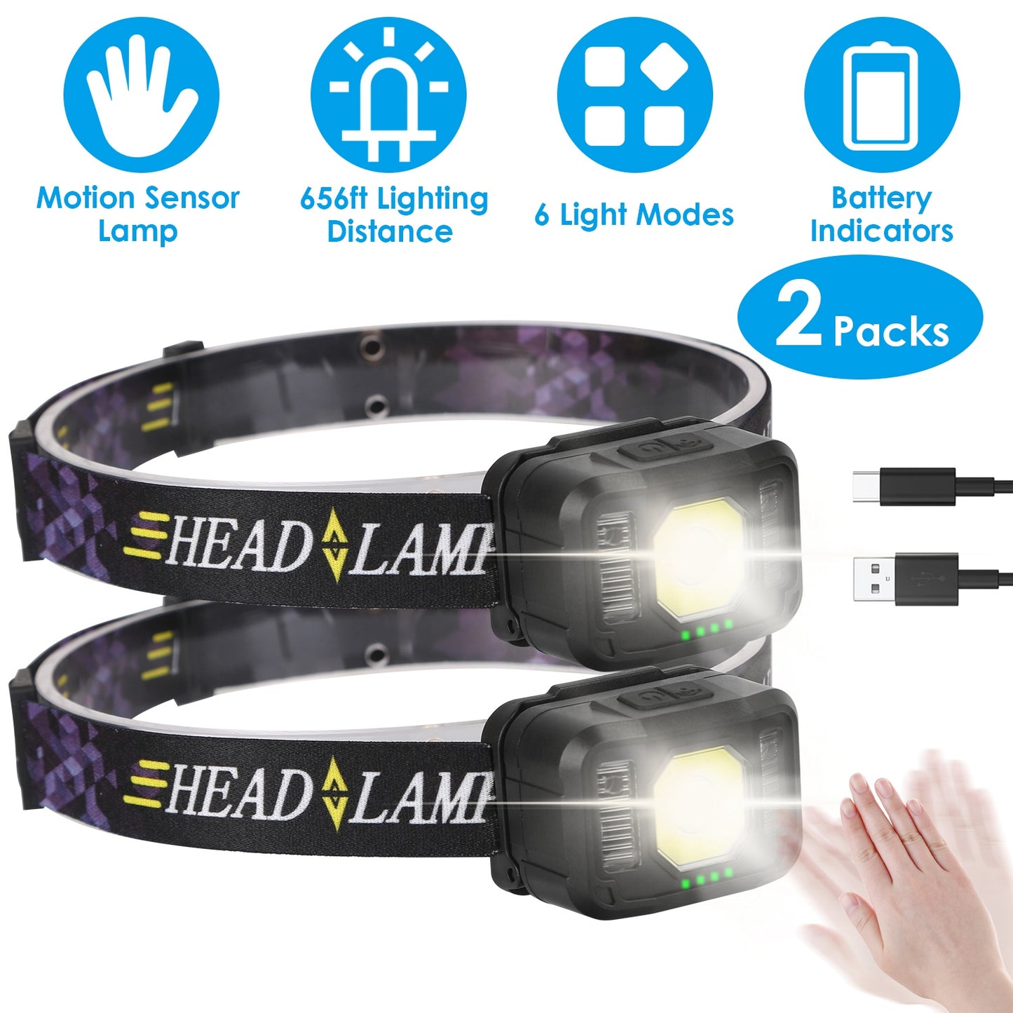 Rechargeable Motion Sensor Headlamp 2 Pack - 6 Light Modes, Waterproof, Adjustable Head Torch for Camping Hiking Fishing Running