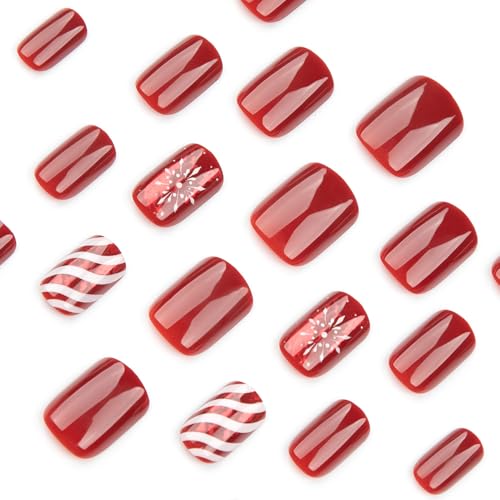 24 Pcs Christmas Red Press on Nails Short Square - LINMEIZAI Xmas French Fake Nails Press ons Nail Art Tips Glue on Nails Full Cover Acrylic False Nails with Glossy Snowflake Stripes Design for Women