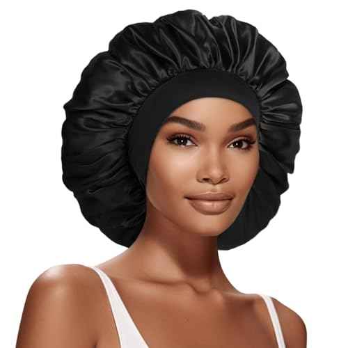 Extra Large Satin Bonnet Hair Cap, 17inches Silk Bonnet for Sleeping, Jumbo Silk Sleep Cap for Women Braids Curly Hair Locs 1Pcs (Black)