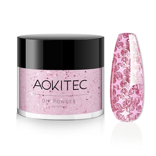 Aokitec Starry Pink Glitter Colors Dip Powder, 1OZ Glitter Pink Dip Powder for French Manicure Nail Starter & Professional Home DIY Salon Use Shinny Dip Nails Long-lasting 28 Days