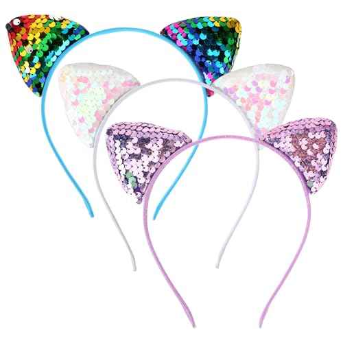 3 Pack Reversible Sequin Cat Ears Headband Glitter Sparkly Cat Hairbands Shiny Cute Kitty Headband Hair Metal Hoop Hair Accessories for Women Girls Daily Wearing and Party Decoration
