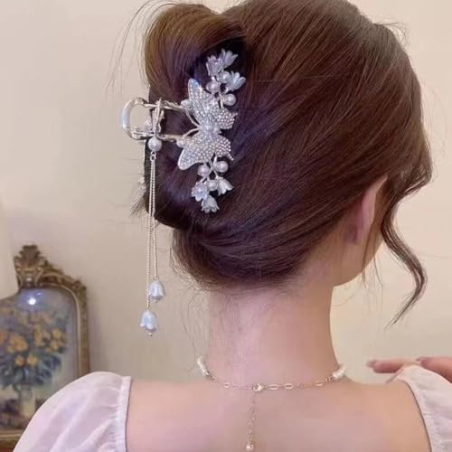 Metal Hair Claw Clips Butterfly Flower Hair Clip 1Pc Large Hair Jaw Claw with Tassel Pearl Design Gold Strong Hold Jaw Clips Rhinestones Butterfly Floral Non-Slip Hair Accessories for Women