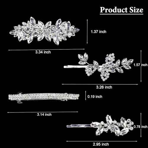 4 Pieces Rhinestone Hair Clips Leaf Wedding Hair Pins Crystal Bobby Pins Silver Bridal Hairpin Barrette for Brides Bridesmaids Flower Girls
