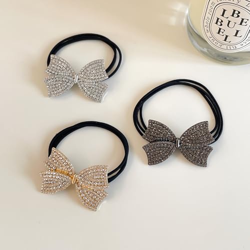 3PCS Metal Rhinestone Bow Hair Ties for Women,Sparkly Hair Scrunchies for Ponytail Holders,Cute French Elastic Rubber Band Accessories,Gold Silver Black Crystal Hair Cuffs for Thick Thin Hair
