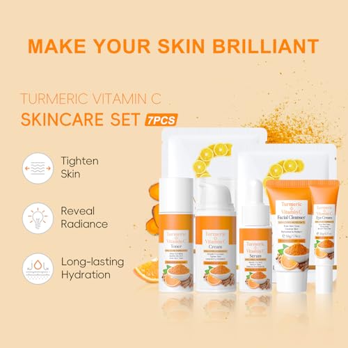 7PCS Turmeric Skin Care Set, Facial Skin Care Products Even Skin Tone, Turmeric Face Wash, Toner, Serum, Eye Cream, Face Cream, Face Mask, Smooth Glowing Travel Skincare Set for Women Girls