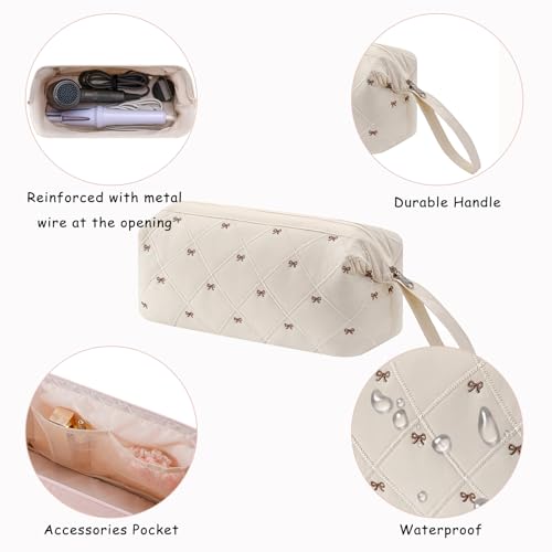 Large Quilted Hair Tools Travel Bag with Bow Pattern,Waterproof Hair Styling Accessories Storage Case for Shark FlexStyle, Dyson Airwrap Hair Dryer, Curling Iron, Revlon Hair Tools(Beige)