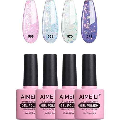 AIMEILI Gel Nail Polish Hema Free 4 Colors Pink Purple Blue Silver Glitter Gel Nail Kit Shining Nails Soak Off Summer Nail Design Nail Lamp Cured Manicure Set for Women Kit Set 32