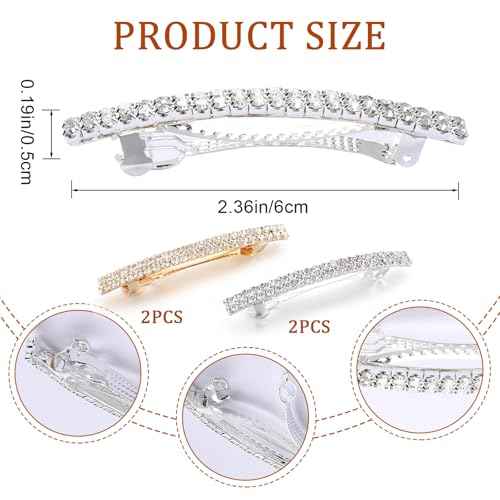 Hair Barrettes for Women, 4 Pcs Sparkly Rhinestone Bling Hair Clips, Hair Jewels, Small Hair Clip, Crystal Hair Clip, Ponytail Holder Side Clips, Rhinestone Hair Accessories(2Gold, 2Silver)