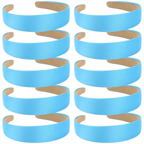 Wecoe 10 Pack Satin 1.3 Inch Wide Light Blue Headbands for Women & Girls - Non-Slip Fashion Hair Accessories for DIY Holiday Costume, Diademas Coreanas Para Mujer