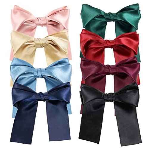 Lawie 8 Pack Bowknot Hair Accessories - 6 Inch Long Satin Barrettes, Big Bows for Girls and Women, Pink Red Blue Green Black Christmas Colors