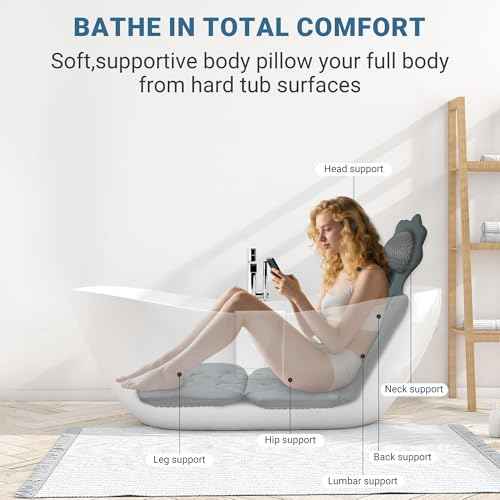 Full Body Bathtub Pillow Thick Bath Pillows for Tub 4D Bathtub Cushion with Powerful Suction Cups for All Bathtub Bath Accessories 51" x 16" (Grey)