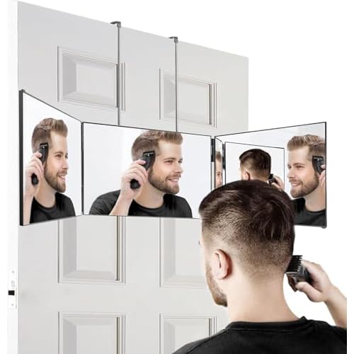 3 Way Mirror-360 Mirror for Self Hair Cutting, Adjustable & Foldable Trifold Barber Mirror with Telescoping Hooks, Barber Accessories for Men Shaving DIY Haircut Women Dyeing Makeup(Black Without LED)