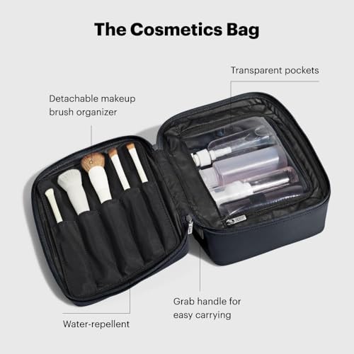 Away Cosmetics Bag, Makeup Bag with Detachable Brush Roll, Waterproof, Clear Zip Pockets, Travel Friendly, Navy Blue