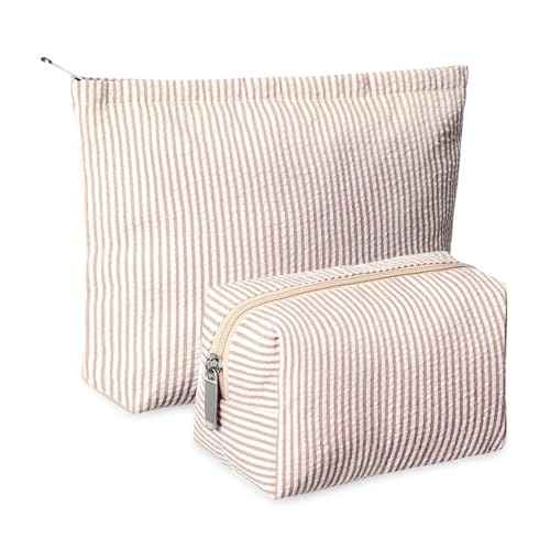 2 Pieces Makeup Bag Set Cute Cosmetic Pouch for Women Seersucker Travel Toiletry Bag Preppy Small Makeup Purse Pouch Aesthetic Skincare Brushes Storage Organizer for Women(Khaki)