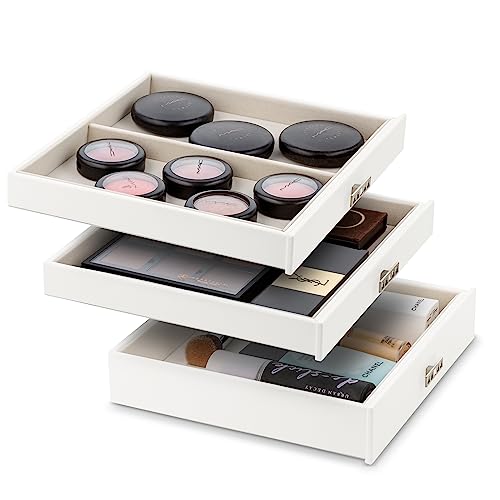 Glenor Co Makeup Organizer - Extra Large Exquisite Case w Modern Closure, 4 Drawer Trays & Full Mirror - Huge Cosmetic Storage Jewelry Box for Dresser, Counter-top & Vanity - PU Leather - White