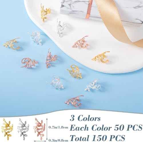 150pcs Leaf Hair Jewelry for Dreadlock, Non-Faded Metal Braid Hair Beads, Locs Hair Cuff Clip Ring Charm Accessories for Earring Necklace DIY Craft-Gold & Silver & Rose Gold
