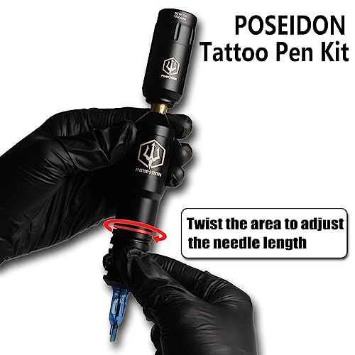 POSEIDON Cordless Rotary Tattoo Machine Kit with 20 Tattoo Cartridge Needles, Ink Set & 2 Rechargeable Batteries | Professional Portable Tattoo Gun for Beginners | Complete Starter Supplies