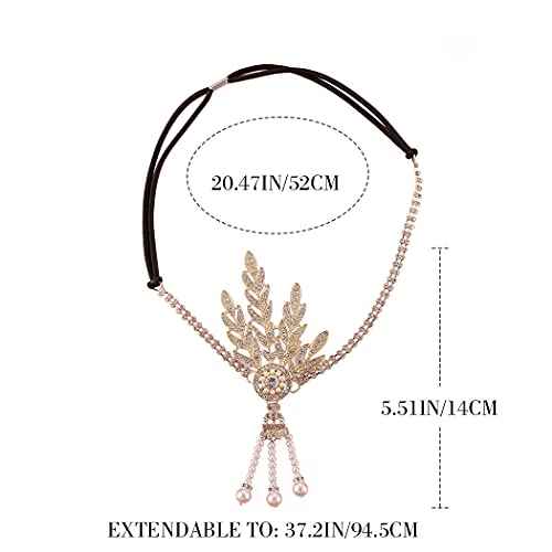 GORTIN 1920's Flapper Headband Leaf Rhiestones Headpiece Pearl Tassel Headdress Bride Wedding Head Bands Bridal Flapper Hair Accessories Head Chain for Women and Girls (Gold)