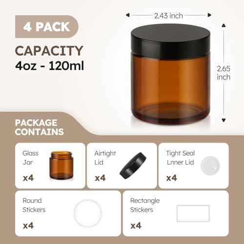 4 oz Glass Jars with Lids, 4 Pack Amber Glass Jars with Black Lids Leakproof Round Airtight Empty Cosmetic Travel Containers with Inner Liners For Lotions Powders and Candle Making