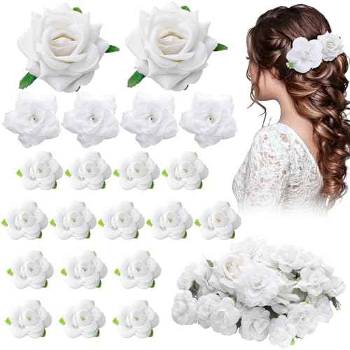 BBTO 21 Pieces Flower Hair Clips - Rose Hair Clips & Barrettes for Women - Flower Hair Accessories - Boho Bride Claw Clip Hairpin Brooch Pin Headpiece for Wedding (White, Large, Medium, Small)