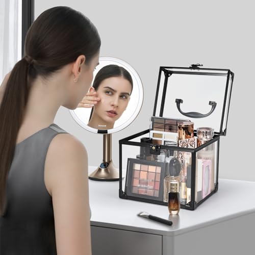 FRENESSA Portable Makeup Case Clear Crown Box Cosmetics Display Case Toiletry Organizer Box Transparent Acrylic Artists Train Case Travel Makeup Tools Storage for Vanity Bathroom Counter Dresser Case