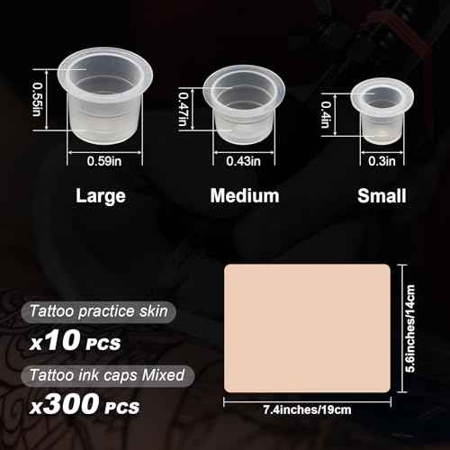 310Pcs Tattoo Practice Skins and Ink Caps Kit - Mixed 300Pcs Pigment Ink Cups #9 Small, #13 Medium, #16 Large and 10Pcs Tattoo Skin