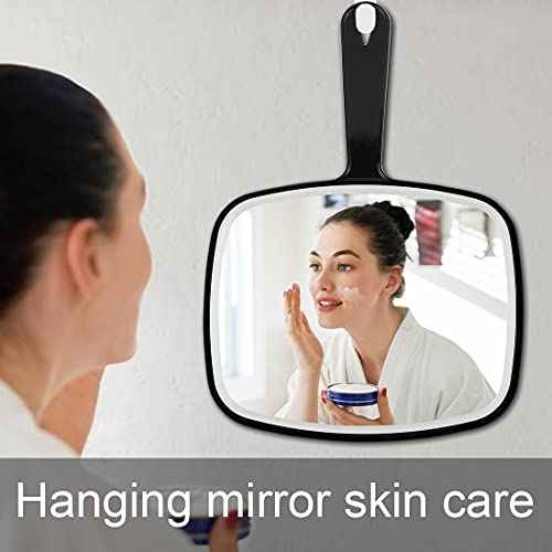 Large Wall Mount Hand Mirror with Handle, for Vanity Makeup Home Salon Travel Use (Square Black 10.3inx7.3in)