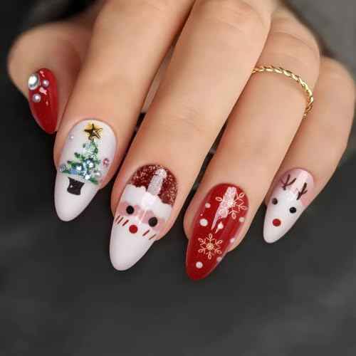 Christmas Press on Nails for Women Girls Holiday Manicure, Short Almond Fake Nails with 3D Pearl Christmas Tree Designs, Full Cover Reusable Acrylic False Nails 24Pcs