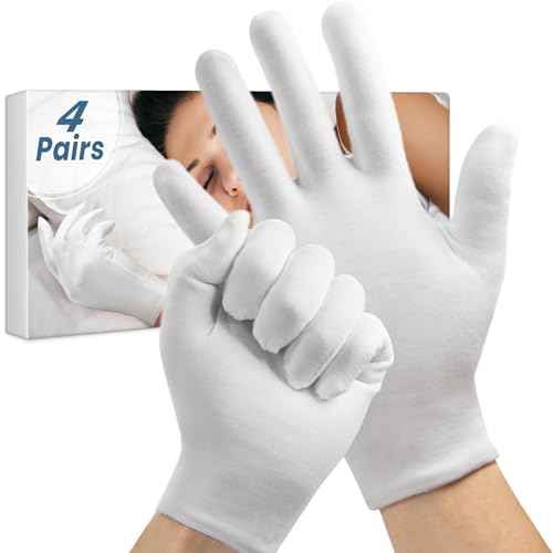 4 Pairs White Gloves, Breathable Cotton Gloves for Dry Hands Sleeping, Washable Eczema Moisturizing Glove Overnight for Women Men, Halloween Wedding Costume Work Glove for Serving Inspection