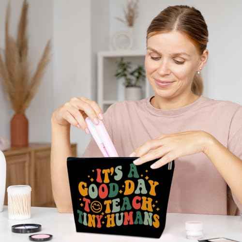 Teacher Gifts Makeup Bag, It's A Good Day To Teach Tiny Humans, Teacher's Day, Appreciation Week, Back to School, Thank You Gifts for Women Female Coworker Educator, Boho Cosmetic Bag for Purse