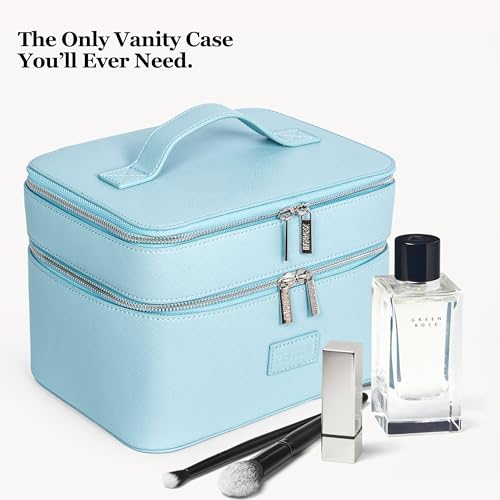 ZEVGANI Travel Makeup Bag Vanity Case with Mirror, Large Toiletry Bag Portable Leather Makeup Bag Organizer with Dual Compartments Removable Dividers for Skincare & Brushes, Blue