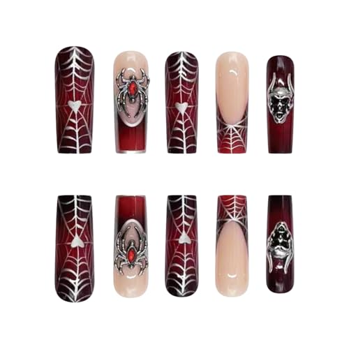 Halloween Square Press on Nails Long Wine Red Fake Nails with 3D Spider Skull Designs Glossy French Tip Glue on Nails Full Cover Halloween Stick on Nails Medium Artificial Nails for Women, 24Pcs