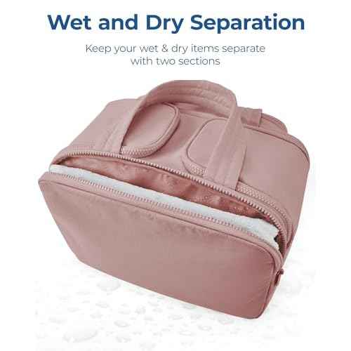 BAGSMART Travel Toiletry Bag, Lightweight Large Wide-open Travel Bag for Women, Puffy Cosmetic Makeup Bag Organizer with Handle for Accessories,Essentials, Toiletries, Dark Pink