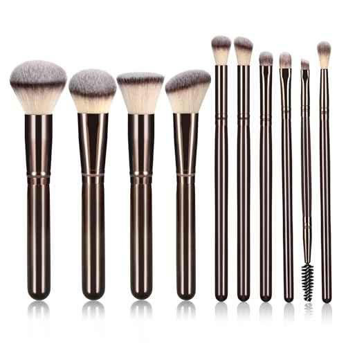 10 Piece Black brown Makeup Brushes - Wooden Handle with Soft Synthetic Bristles,for Face & Eye Makeup|Professional Makeup Brushes set for Women & Girls|