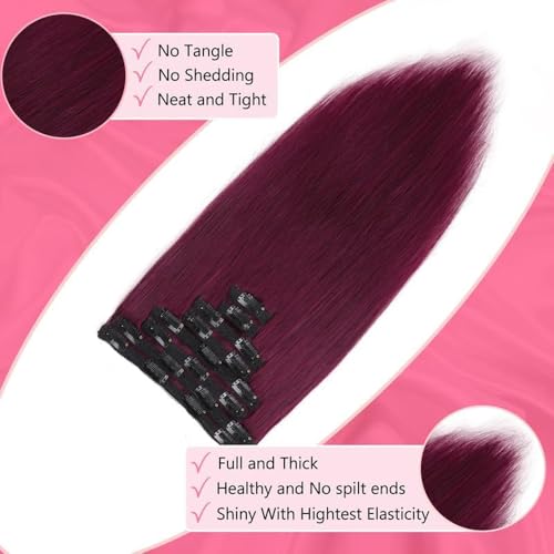 ShowJarlly Clip in Hair Extensions Real Human Hair 24 Inch Straight Clip Ins 8 Pcs Brazilian Remy Hair Extensions for Women #99J Burgundy 110g